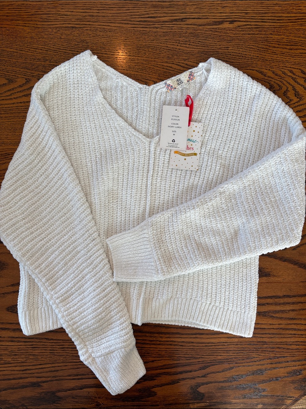 Pink Rose Off-White V-Neck Cozy Knit Sweater